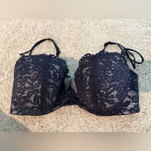 Navy Lace Underwire Bra with Center Bow